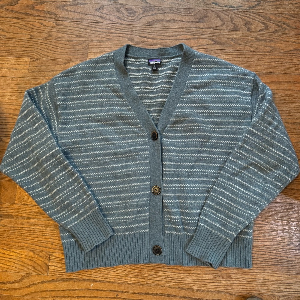 Patagonia Recycled Wool Blend Blue Striped Cardigan Steady Going-Nouveau Green M